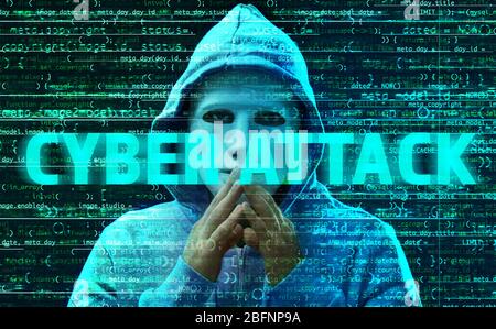 Text CYBER ATTACK and hacker in mask and code on dark background Stock Photo