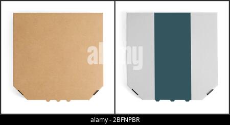 Set of pizza boxes on light background. Mockup for design Stock Photo