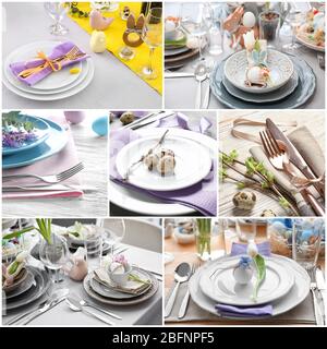 Collage with different ideas for festive Easter table setting Stock Photo
