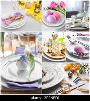 Collage with different ideas for festive Easter table setting Stock Photo