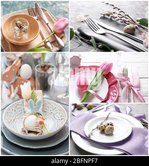 Collage with different ideas for festive Easter table setting Stock Photo