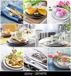 Collage with different ideas for festive Easter table setting Stock Photo