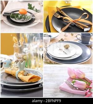 Collage with different ideas for festive Easter table setting Stock Photo
