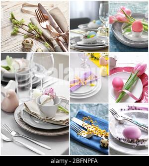 Collage with different ideas for festive Easter table setting Stock Photo