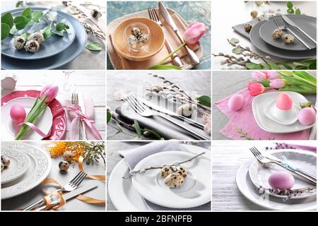 Collage with different ideas for festive Easter table setting Stock Photo