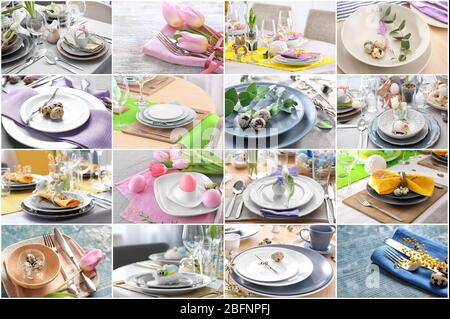 Collage with different ideas for festive Easter table setting Stock Photo
