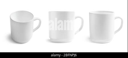 Set of blank cups on white background. Mockup for design Stock Photo