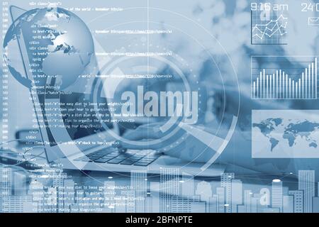 Modern technology concept. Programming code on background. Laptop on table at office Stock Photo