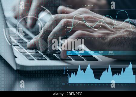 Modern technology concept. Man working with laptop at office Stock Photo