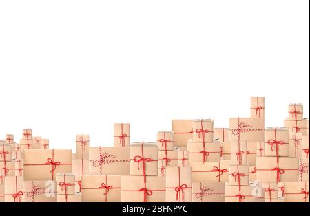 Stacked parcel gift boxes on white background Stock Photo