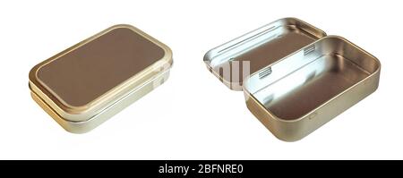 Closed gold candy tin can. Blank metallic food container. Opened storage box Stock Photo