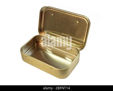 Metallic tin can isolated on white background. Opened and elegant storage box Stock Photo