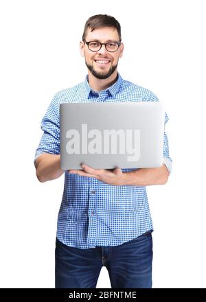 Handsome programmer with laptop on white background Stock Photo