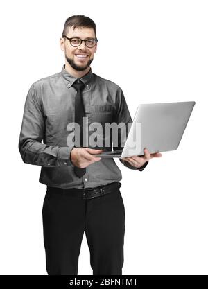Handsome programmer with laptop on white background Stock Photo