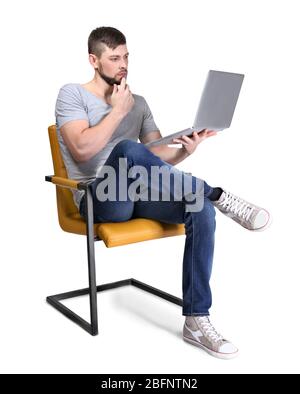 Handsome programmer with laptop on white background Stock Photo