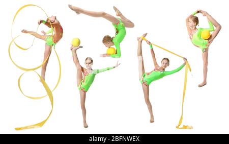 Girl doing gymnastics exercises on white background Stock Photo