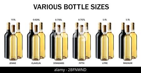 Different wine bottle sizes on white background Stock Photo - Alamy