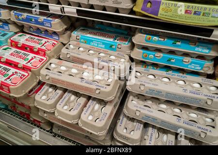 Cartons of eggs on sale in a supermarket in New York on Tuesday, April 14, 2020. The wholesale price for eggs has tripled in the last month as panic buying caused people to stock up on staples, such as eggs. (© Richard B. Levine) Stock Photo