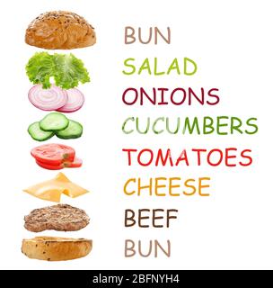 Floating ingredients for delicious burger on white background Stock Photo