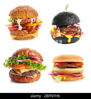 Set of different delicious burgers on white background Stock Photo