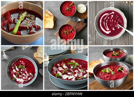 Set with different delicious beet soups. Cooking recipes Stock Photo