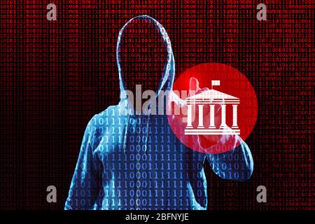 Hacker working with virtual screen against dark background. Threat of cyber attack Stock Photo