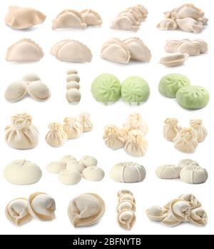 Set with different raw dumplings on white background Stock Photo