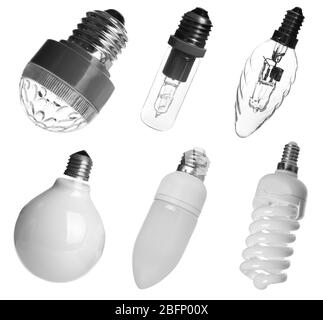 Set with different light bulbs for lamps on white background Stock Photo