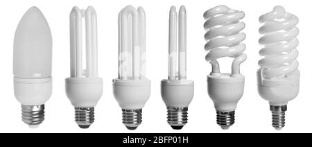 Set with different light bulbs for lamps on white background Stock Photo