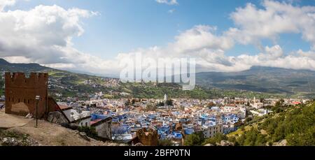 Blue town Chefchaouen Morocco. Aerial panoramic summer view Stock Photo