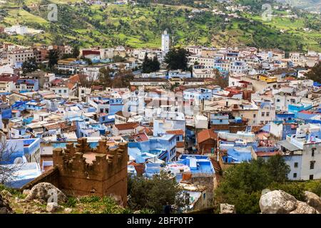 Blue town Chefchaouen Morocco. Aerial panoramic summer view Stock Photo