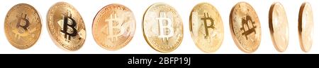 Set of golden bitcoins on white background Stock Photo