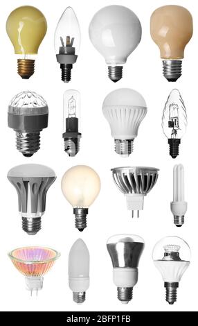 Set with different light bulbs for lamps on white background Stock Photo