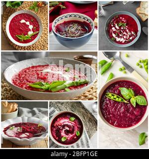 Set with different delicious beet soups. Cooking recipes Stock Photo
