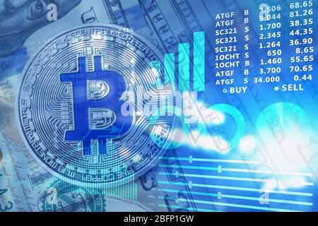 Graphs, rates and bitcoin with dollar banknotes on background. Financial trading concept Stock Photo