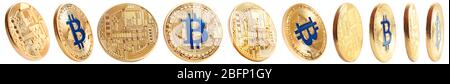 Set of golden bitcoins on white background Stock Photo