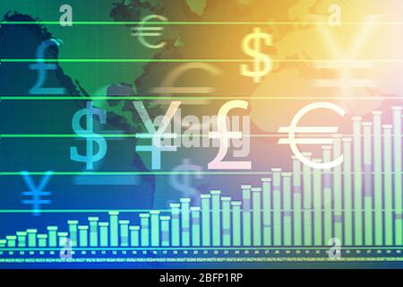 Stock exchange graphs with currency symbols on color background. Financial trading concept Stock Photo