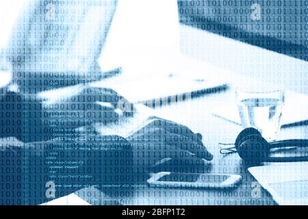 Hacker working with computer at table. Concept of cyber attack Stock Photo