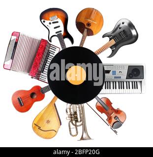 Collage of musical instruments isolated on white Stock Photo