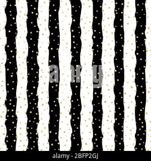 Christmas glitter seamless pattern background. Gold polka dot, foil confetti on trendy black and white stripes. Decoration for card, wallpaper Stock Vector