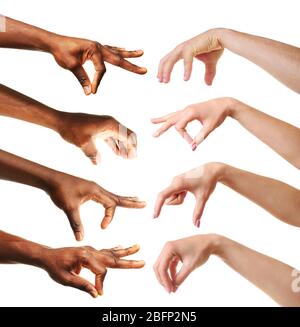 Set of empty different hands to grab objects, isolated on white Stock Photo
