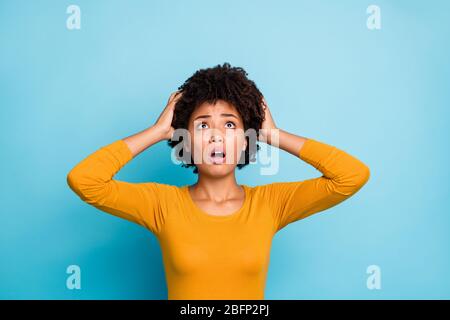 My god what should i do. Frustrated anxious afro american have many problems get fired job touch hands head look copyspace up wear stylish trendy Stock Photo