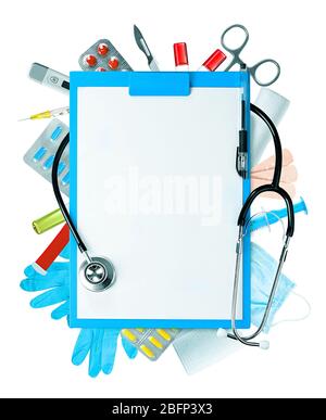 Blue clipboard, stethoscope and other medical items isolated on white Stock Photo