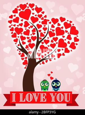 Illustration tree with hearts and birds Stock Photo - Alamy