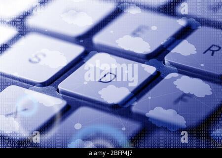 Computer keyboard with cloud data storage and multimedia icons Stock Photo