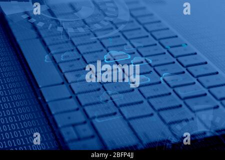 Computer keyboard with cloud data storage and multimedia icons Stock Photo