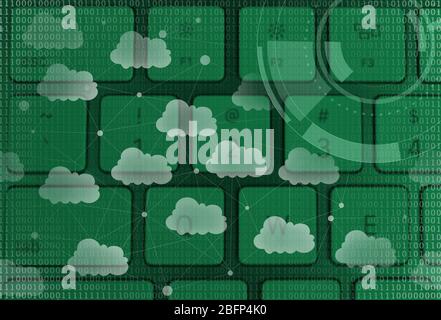 Computer keyboard with cloud data storage and multimedia icons Stock Photo