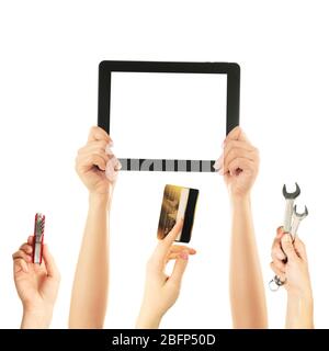 Hands holding different objects isolated on white background Stock Photo