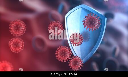 Security shield virus protection concept. Coronavirus Sars-Cov-2 safety barrier. Shiny steel shield protecting against virus cells, source of covid-19 Stock Photo