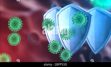 Security shield virus protection concept. Coronavirus Sars-Cov-2 safety barrier. Shiny steel shield protecting against virus cells, source of covid-19 Stock Photo